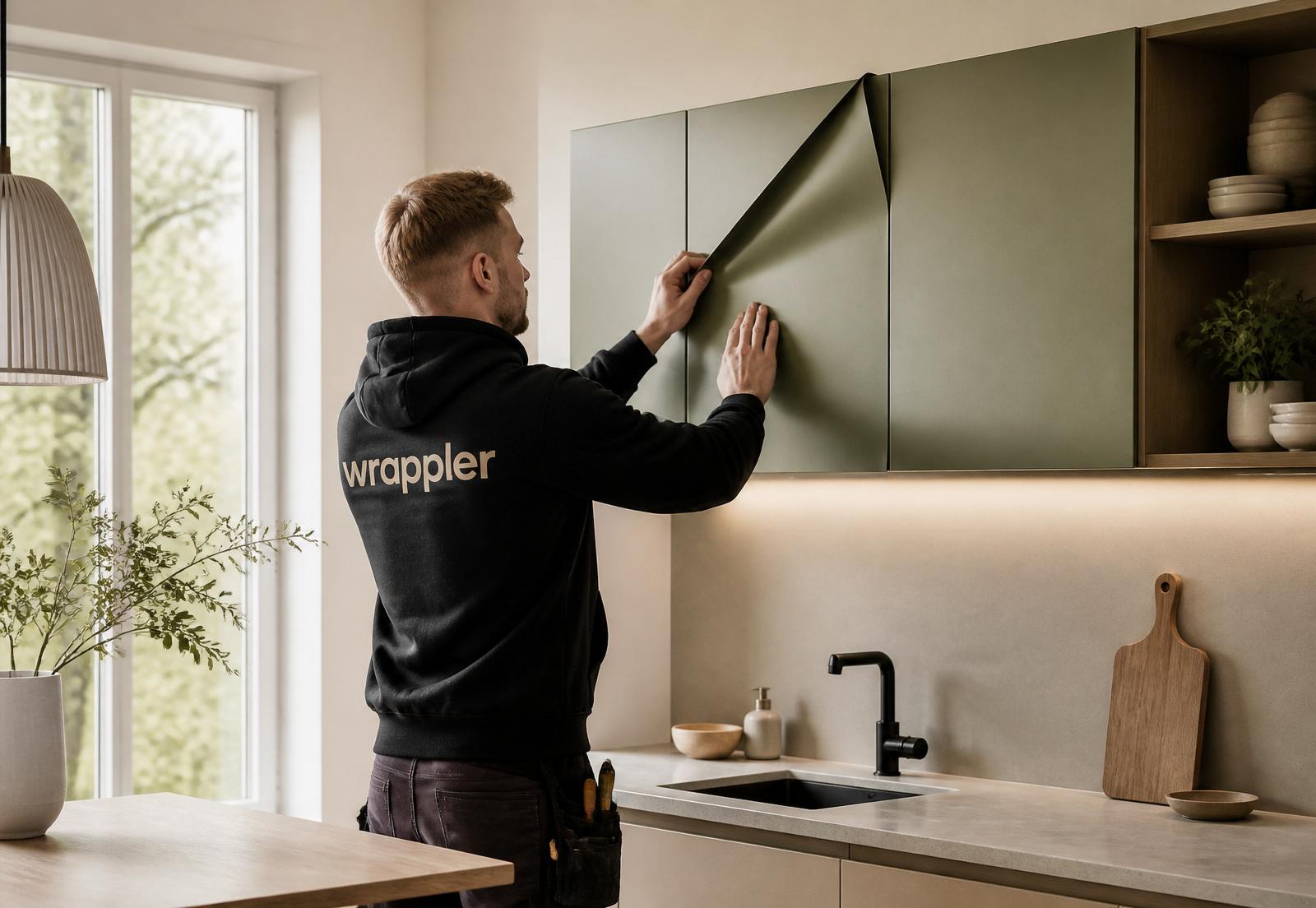 Wrappler-montör folierar en kökslucka