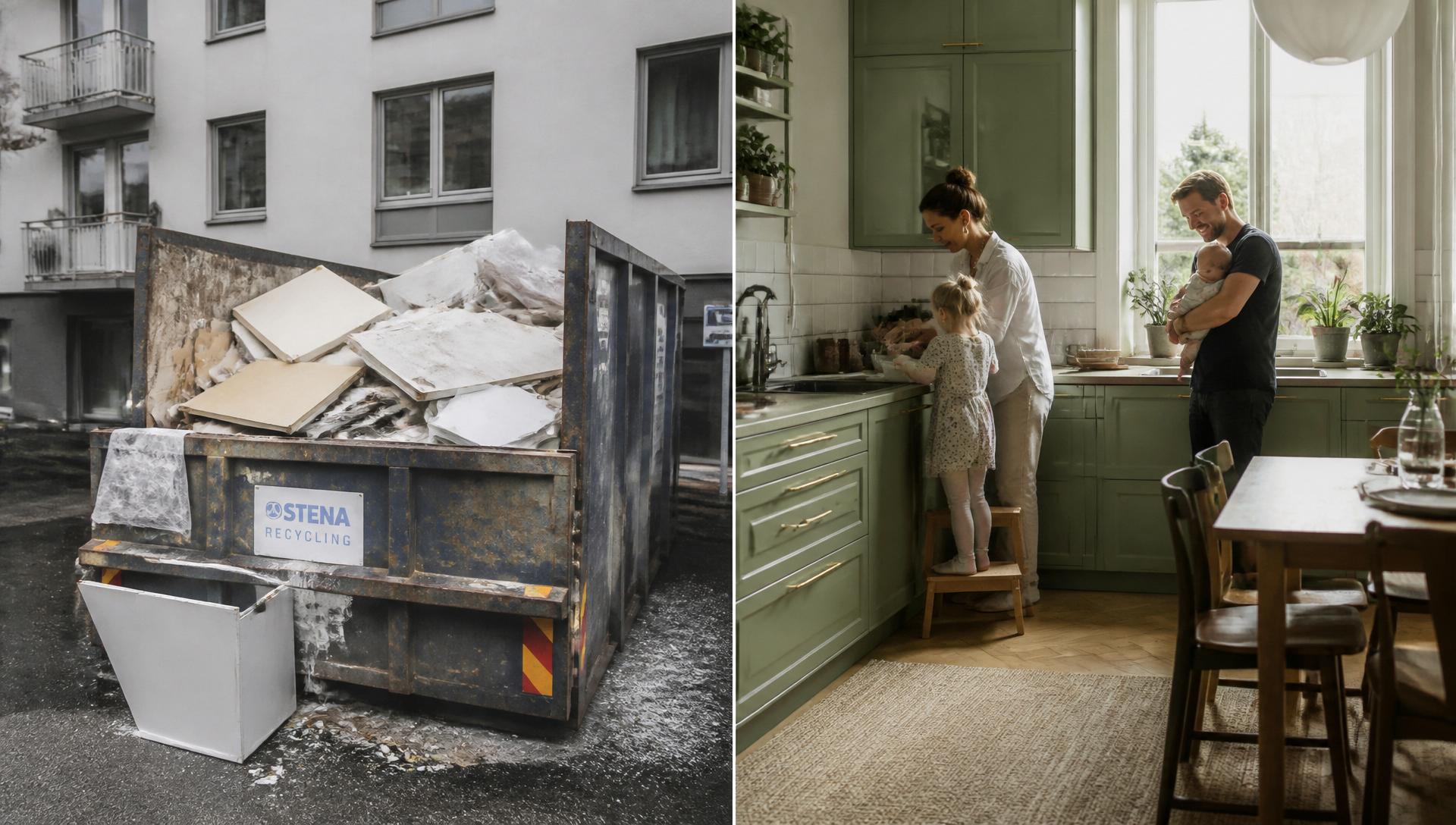 Container med utrivet kök jämfört med ett levande kök